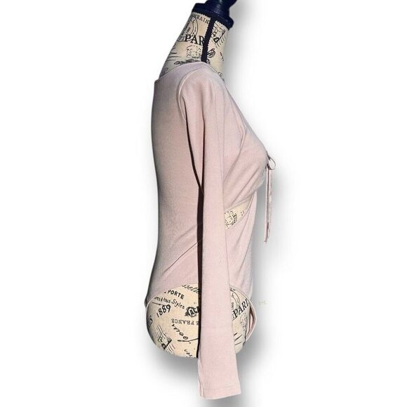 Victoria’s Secret M Mauve Ribbed Bodysuit Long Sleeve Tie Front Cutout Knit - Picture 4 of 10